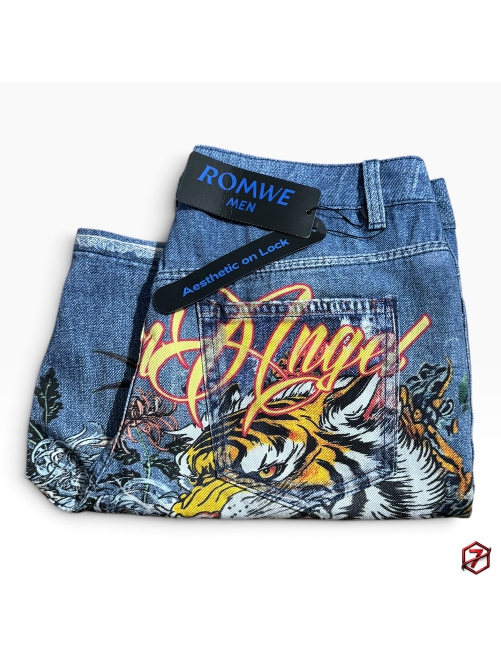 ROMWE Men Size 32 Tiger Geisha Graphic Denim Shorts Japanese Tattoo Jorts NWT